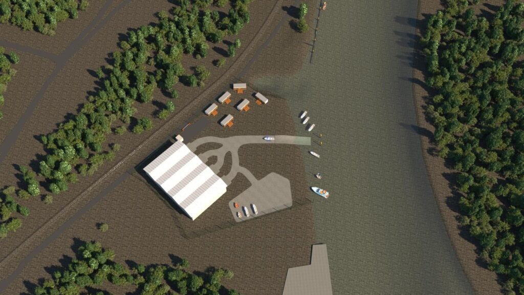 3D-Rendering eines Bootsverleihs – Luftaufnahme mit Gebäuden, Booten und umgebender Natur – transporttechniker.de