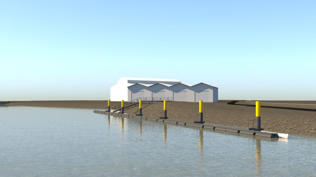 3D-Rendering eines Bootsverleihs am zugefrorenen See mit Hallen, Stegen und gelben Pollern – transporttechniker.de