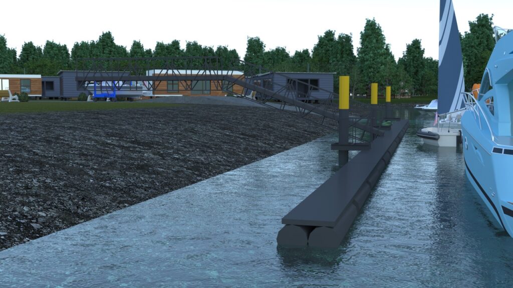 3D-Rendering eines Hafens mit Steg, Booten, Gebäuden und gelben Pollern – transporttechniker.de