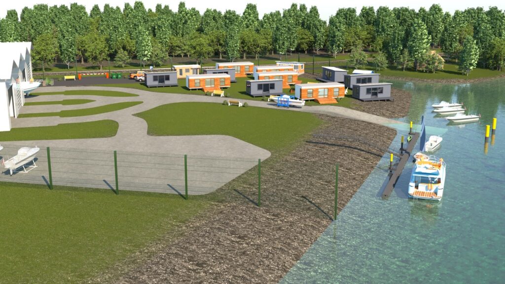 3D-Rendering einer Hafenanlage mit Tiny Houses, Booten, Stegen und umgebendem Grün – transporttechniker.de