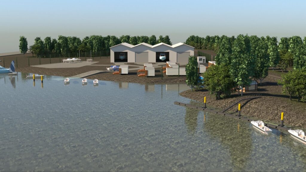3D-Rendering eines Bootsanlegers am See mit Hallen, Booten im Wasser und umgebender Natur – transporttechniker.de