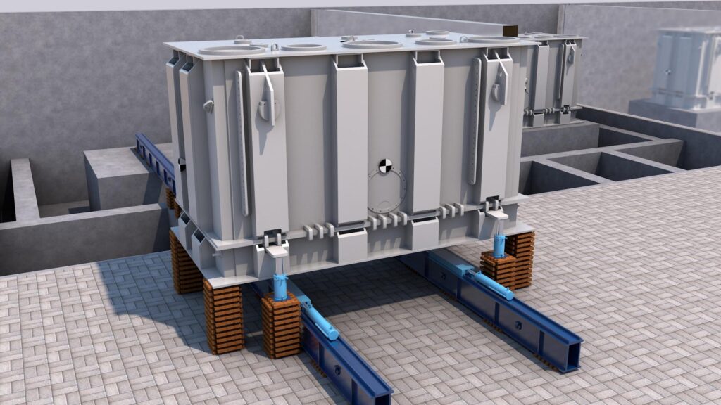 3D-Ansicht eines Schwerlasttransports mit Transformator, Verschubbahnen, Jackings und Foundation–transporttechniker-de