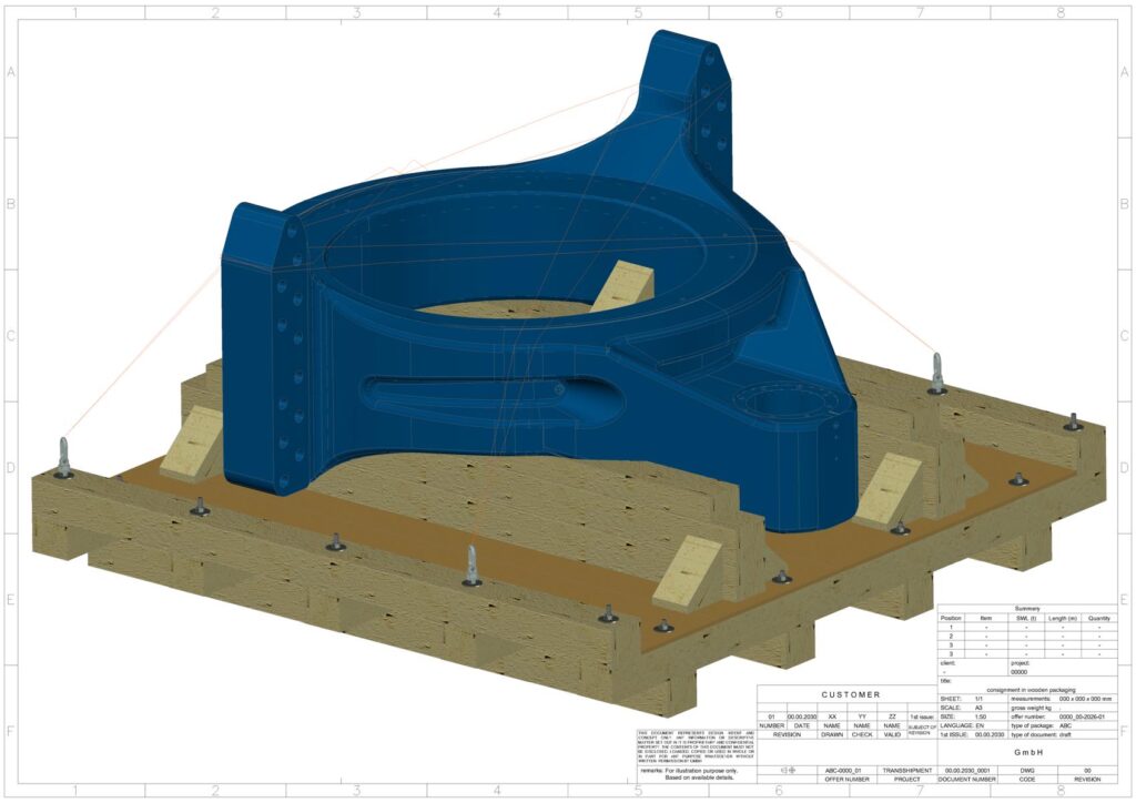3D-Modell eines blauen Bauteils auf einem Holzgestell mit Schrauben zur Befestigung – technische Zeichnung mit Perspektivansicht, detaillierte Darstellung der Halterungen und Holzunterstützungen-transportzeichnun-de