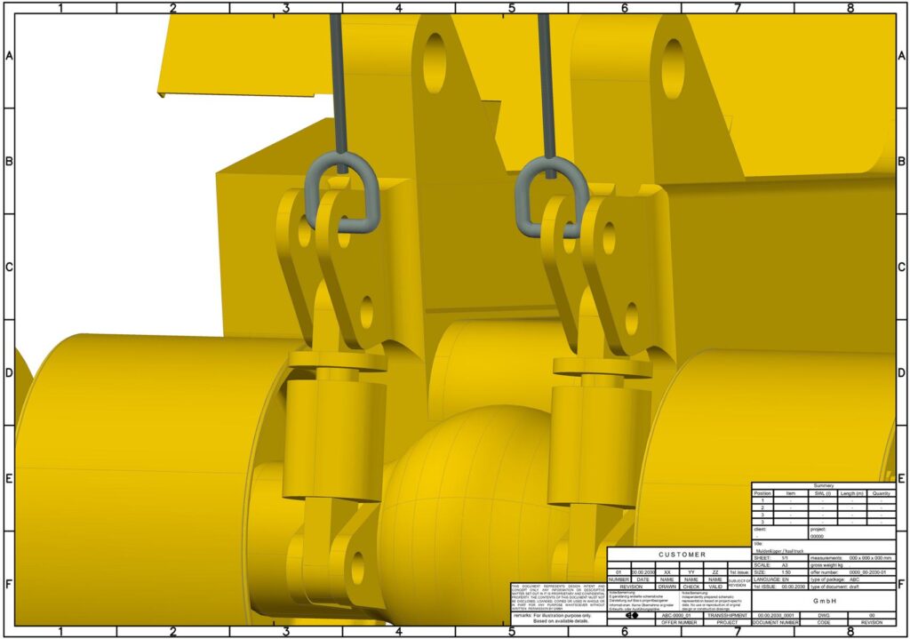 3D-Modell eines Muldenkippers mit Hakenansicht – Verladeschema mit Werkzeichnung – transporttechniker.de