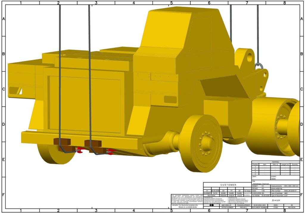 3D-Modell eines Tandemhubs mit zwei Mobilkränen, die einen Muldenkipper heben – Verladeschema mit Werkzeichnung – transporttechniker.de