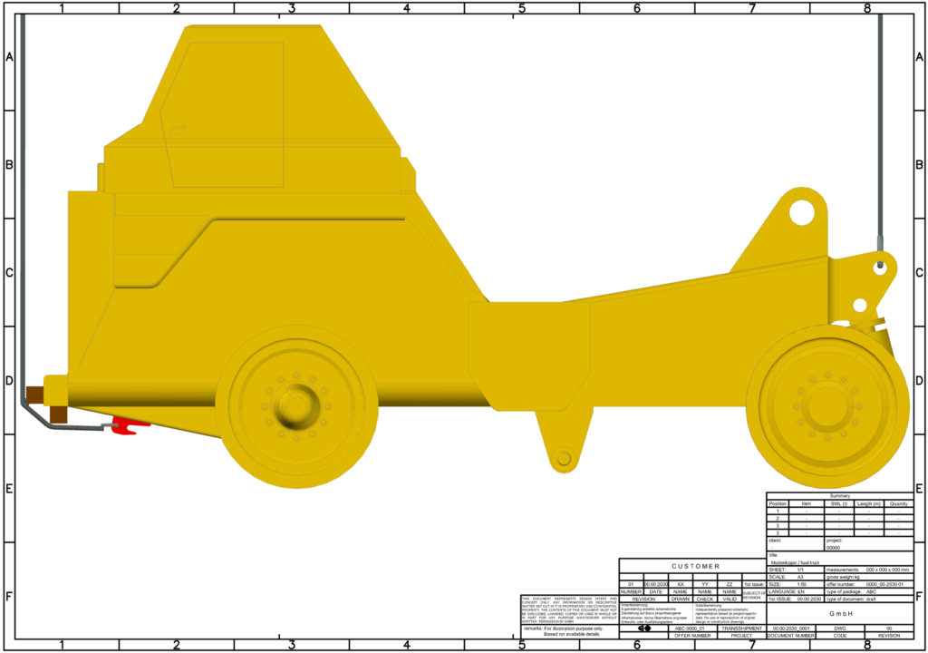 Frontalansicht 3D-Modell eines Tandemhubs mit zwei Mobilkränen und Muldenkipper – Verladeschema mit Werkzeichnung (Isometrie-Ansicht) – transporttechniker.de