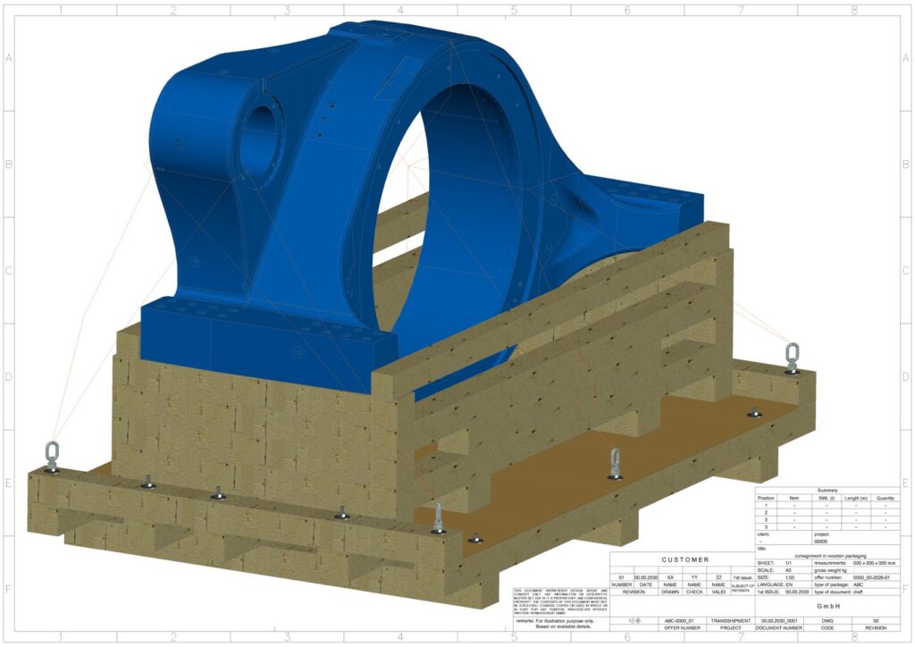 3D-Modell eines ringförmigen blauen Bauteils auf einem Holzgestell mit Schrauben und Ösen zur Befestigung – technische Zeichnung mit Perspektivansicht, detaillierte Darstellung der Halterungen und Holzunterstützungen