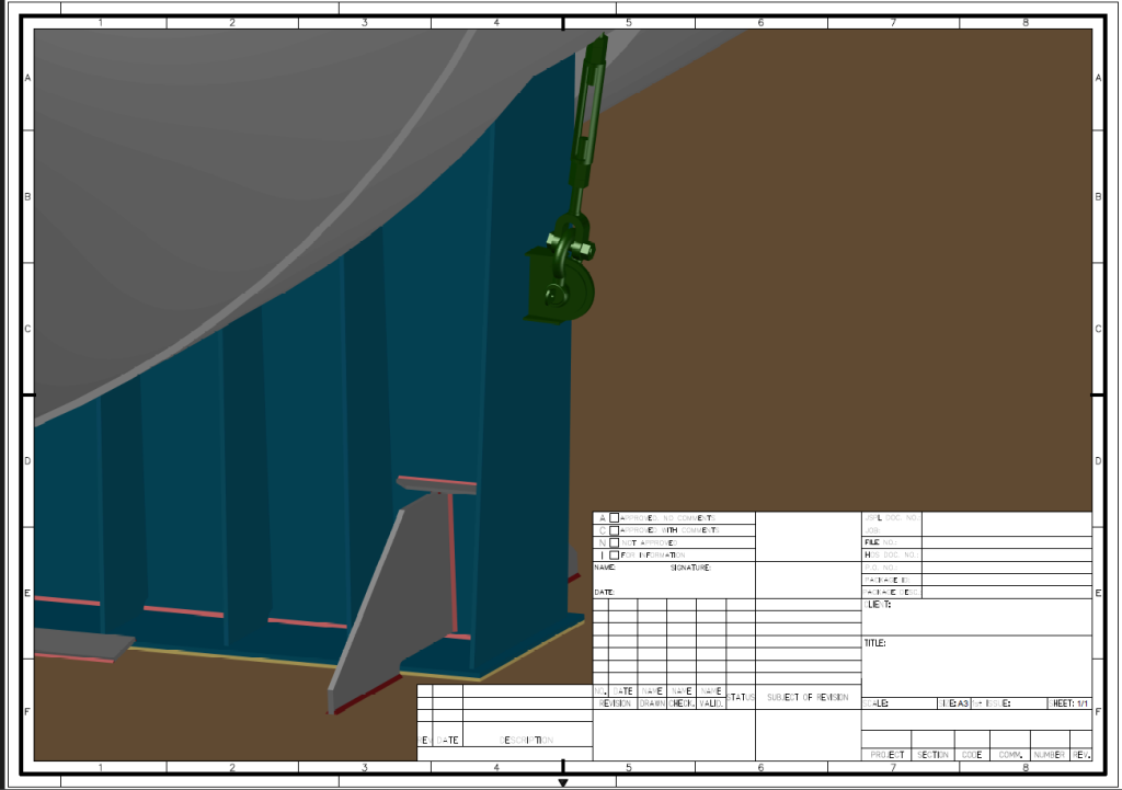3D-Modell eines Transportsattels für Kessel auf einem Hochseeschiff – Detailansicht mit Stahlklammern (Stopper) zum Anschweißen an den Schiffsboden, technisches Schriftfeld, graue und blaue Elemente