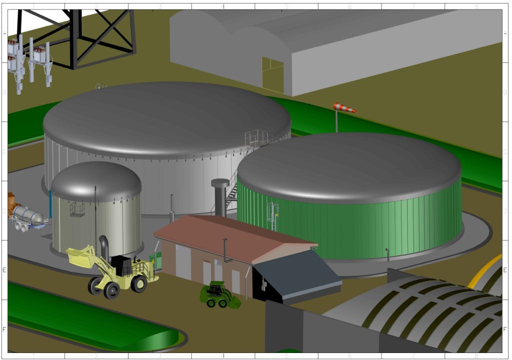 3D-Rendering einer Biogasanlage mit zylindrischen Tanks, Silos, Radladern und Tankwagen für industrielle Abfallverarbeitung
