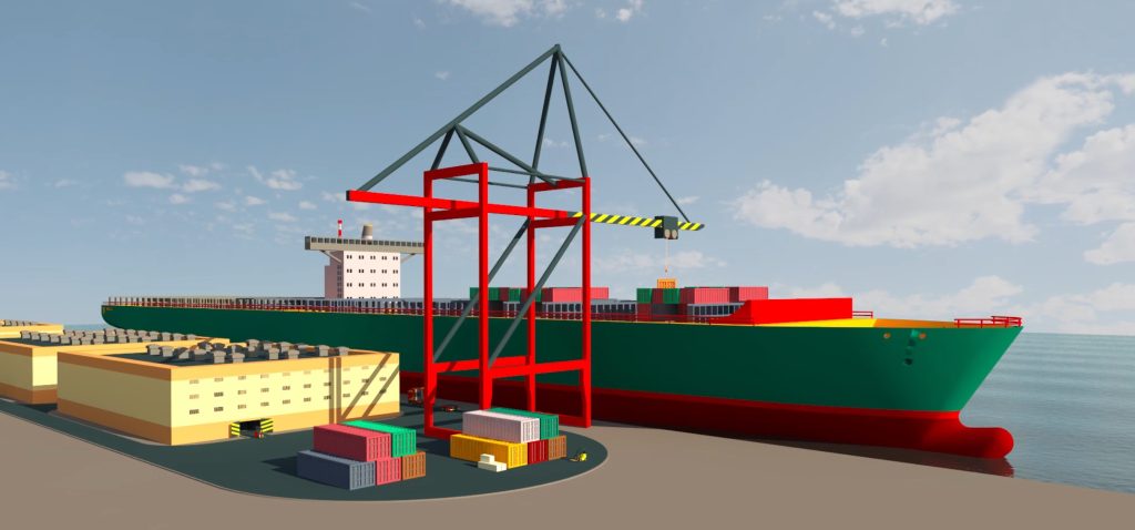 3D-Rendering eines Hafens mit Containerschiff, Portalkran und Containerumschlag