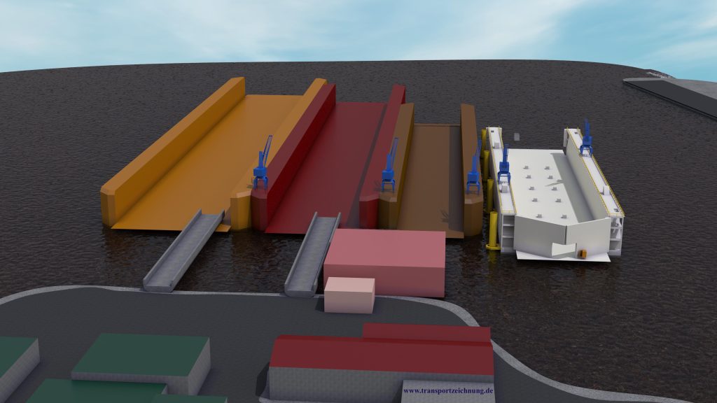 3D-Rendering einer Hafenanlage mit Containern, Kränen und Schwerlast-Infrastruktur – Visualisierung von transportzeichnung.de
