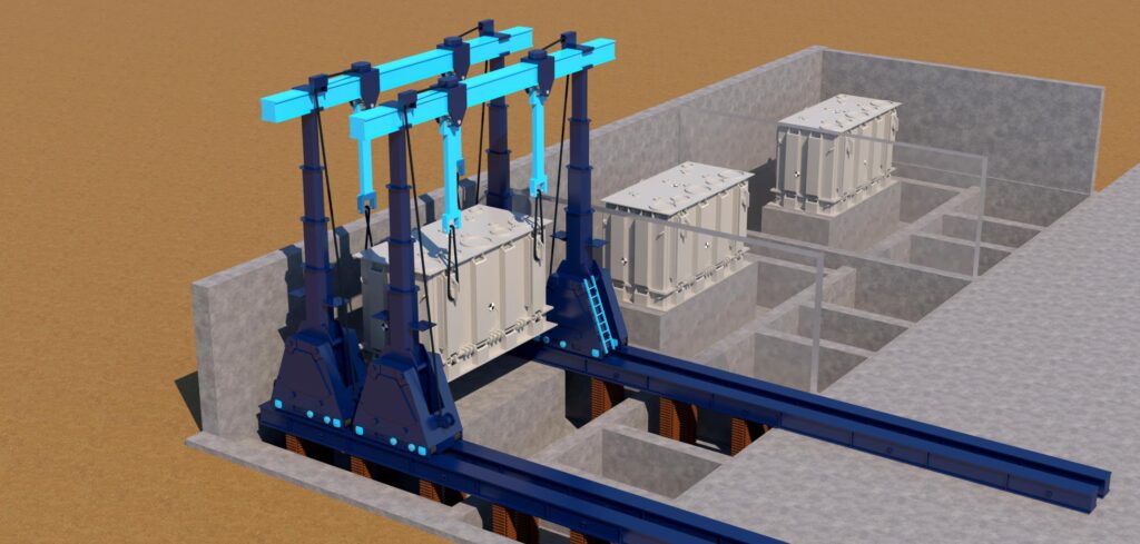 3D-Rendering eines Industriegebäudes mit Transformatoren und Kran-System für Schwerlastmontage