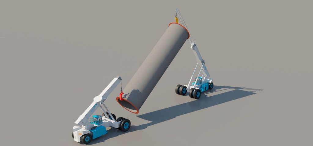 3D-Rendering von zwei mobilen Kränen, die ein großes Rohr für Schwerlasttransport heben