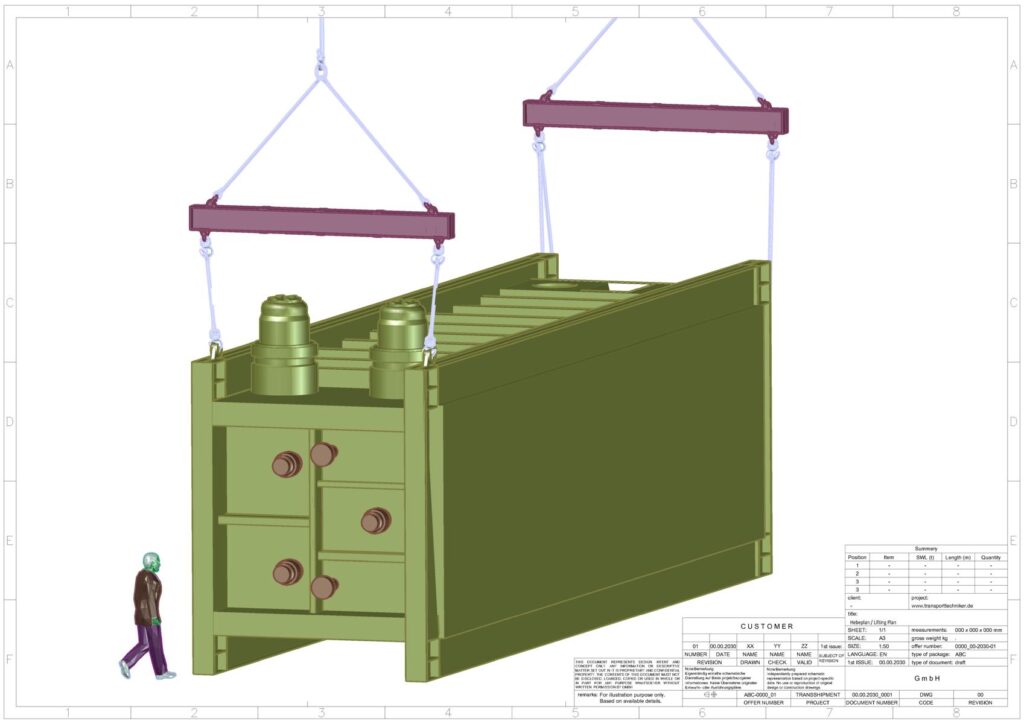 3D-Rendering eines Schwerlastcontainers mit zwei zylindrischen Tanks und Kranaufhängung von www.transporttechniker.de