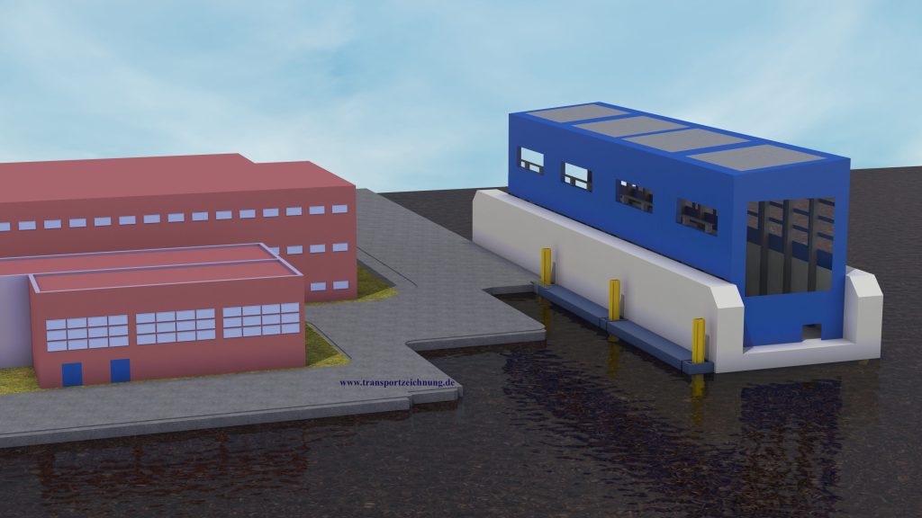 3D-Rendering von überdachten Werftgebäuden am Hafen: Rotes und blaues Werftgebäude mit Plattform am Wasser – Visualisierung von transportzeichnung.de