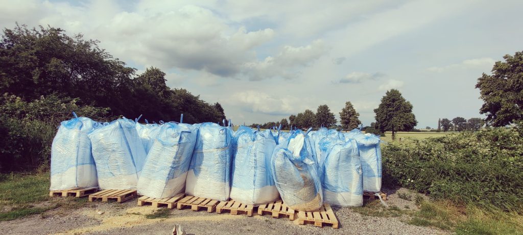 Reihe von Big Bags mit Getreide auf Holzpaletten – Lagerung auf Freifläche mit grünem Hintergrund und bewölktem Himmel-transporttechniker-de