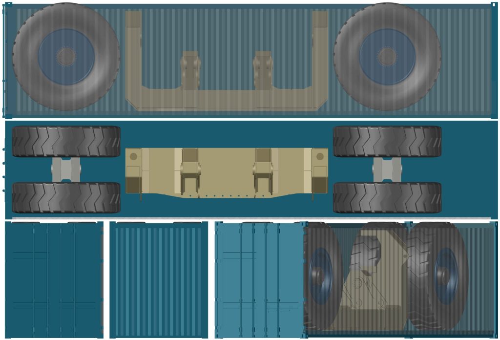 3D-Rendering von Containern mit montierten Schwerlastreifen: Mehrere Ansichten der Radhalterung für Maschinen- und Fahrzeugtransport