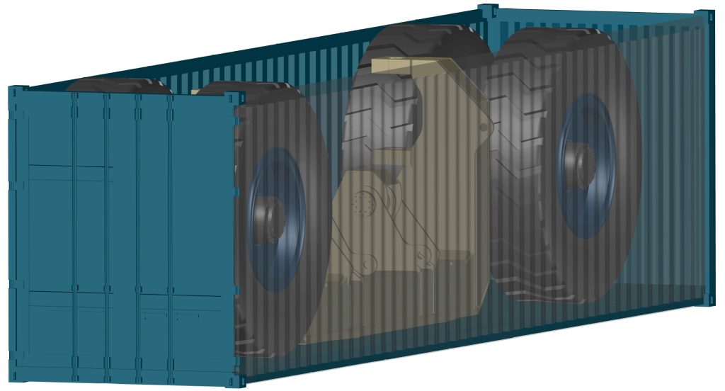 3D-Rendering eines Containers mit Schwerlastreifen: Transparente Darstellung der Radhalterung für Transportzwecke