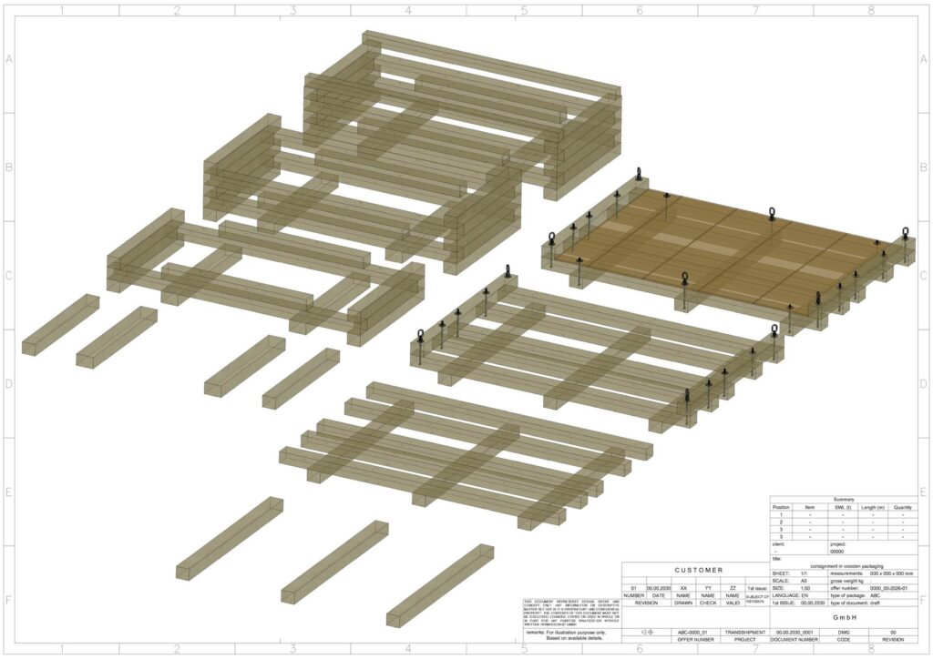 Explosionszeichnung eines Holzgestells mit Palette und Schrauben – 3D-Modell der einzelnen Holzbalken, Schrauben und Befestigungselemente, detaillierte Darstellung der Baugruppen für den Zusammenbau
