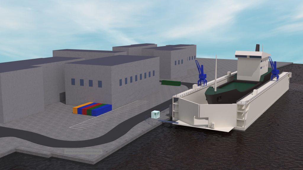 3D-Rendering einer Hafenanlage mit Schwimmkran, Containerumschlag und Industriegebäuden: Schiff mit blauen Kränen und bunte Containerstapel von transportzeichnung.de