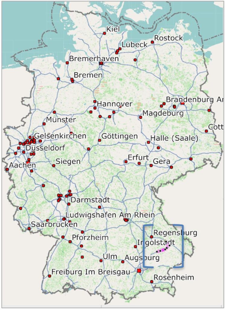 Karte Deutschland Regensburg Ingolstadt Route Schwerlasttransport-transporttechniker-de