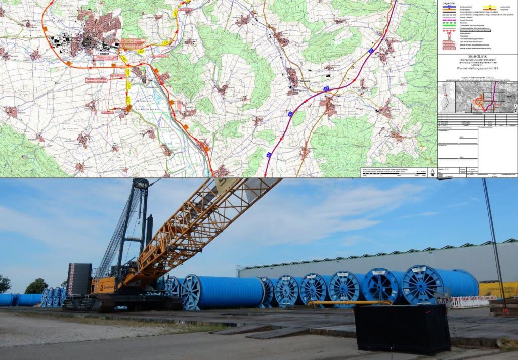 Karte mit Trassenverlauf des SuedLink (Planfeststellungsabschnitt B3) – orange und lila markierte Routen, unterlegt mit Luftbild und Geländedaten, im Vordergrund ein Kran mit blauen Rohrsegmente und Kabeltrommeln auf einer Werft und Hafen