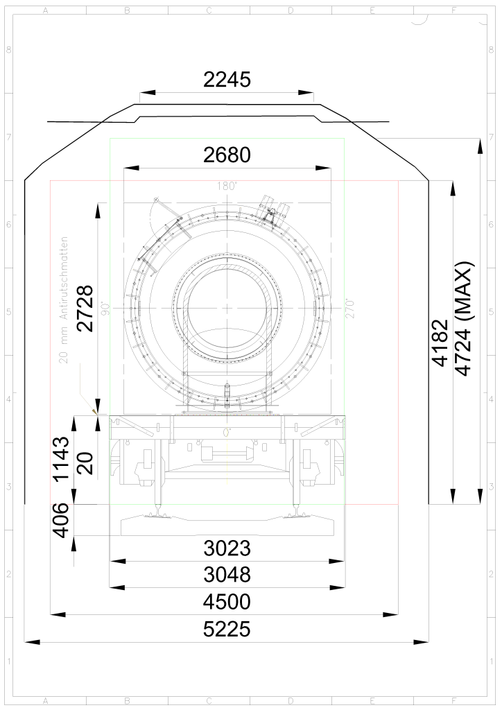 Lademaßschema für Schienentransport: Kreisförmige Güterzugladung mit Maßen (Durchmesser 5225 mm, Höhe 4724 mm MAX) und 20-mm-Antriebsschrauben für Bahnlogistik