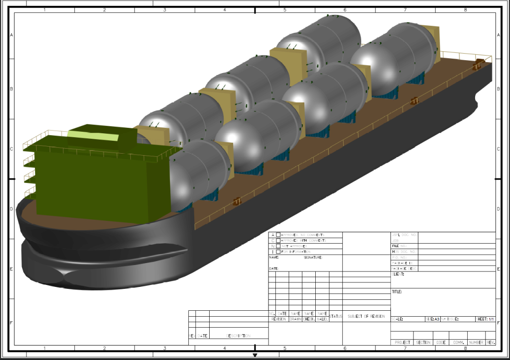 3D-Modell eines Tankerschiffs mit grünem Aufbautenbereich und braunem Rumpf – mehrere zylindrische Tanks auf dem Deck, technische Zeichnung mit Maßstab und Tabellen