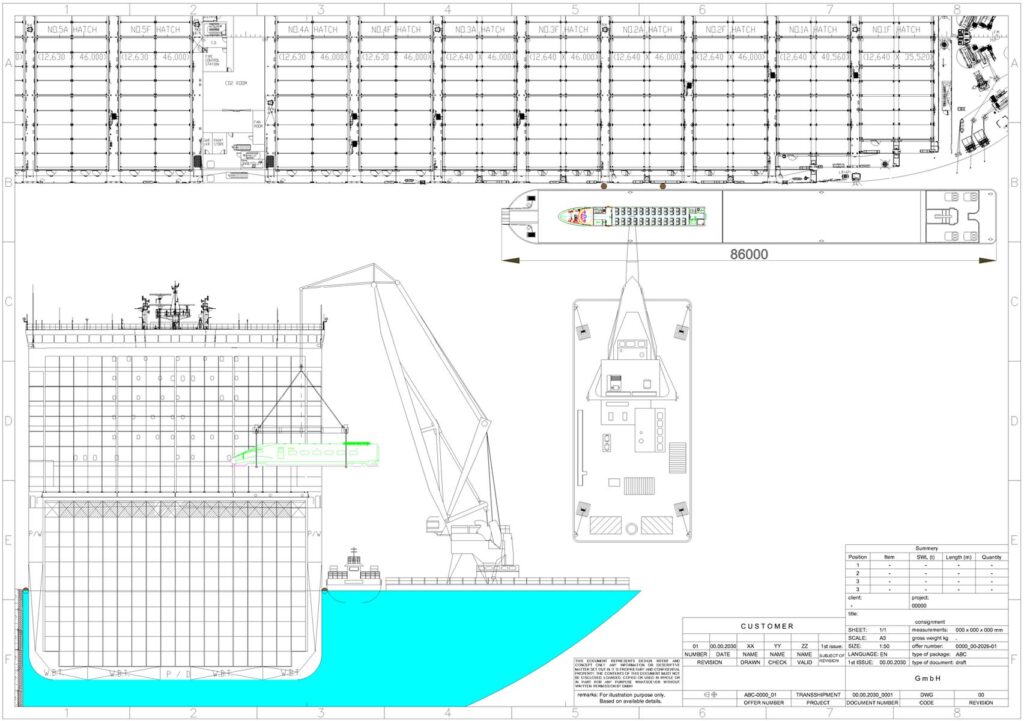 Technische Zeichnung eines Schiffdecks mit Layout und Maßen (86.000 mm Länge) ? Seitenansicht mit Kran, Aufbauten, Luke und Detailansichten der Sektionen, Maßstab 1:150