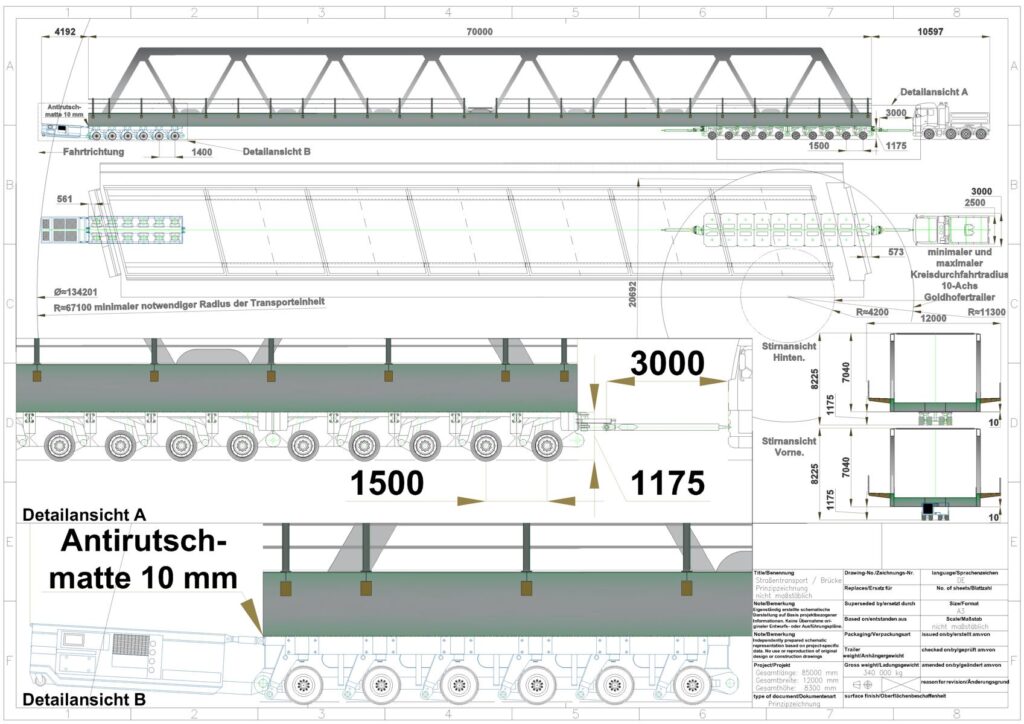 Technische Zeichnung einer Schwerlast-Transportbrücke mit Maßangaben und Detailansichten für Spezialtransport