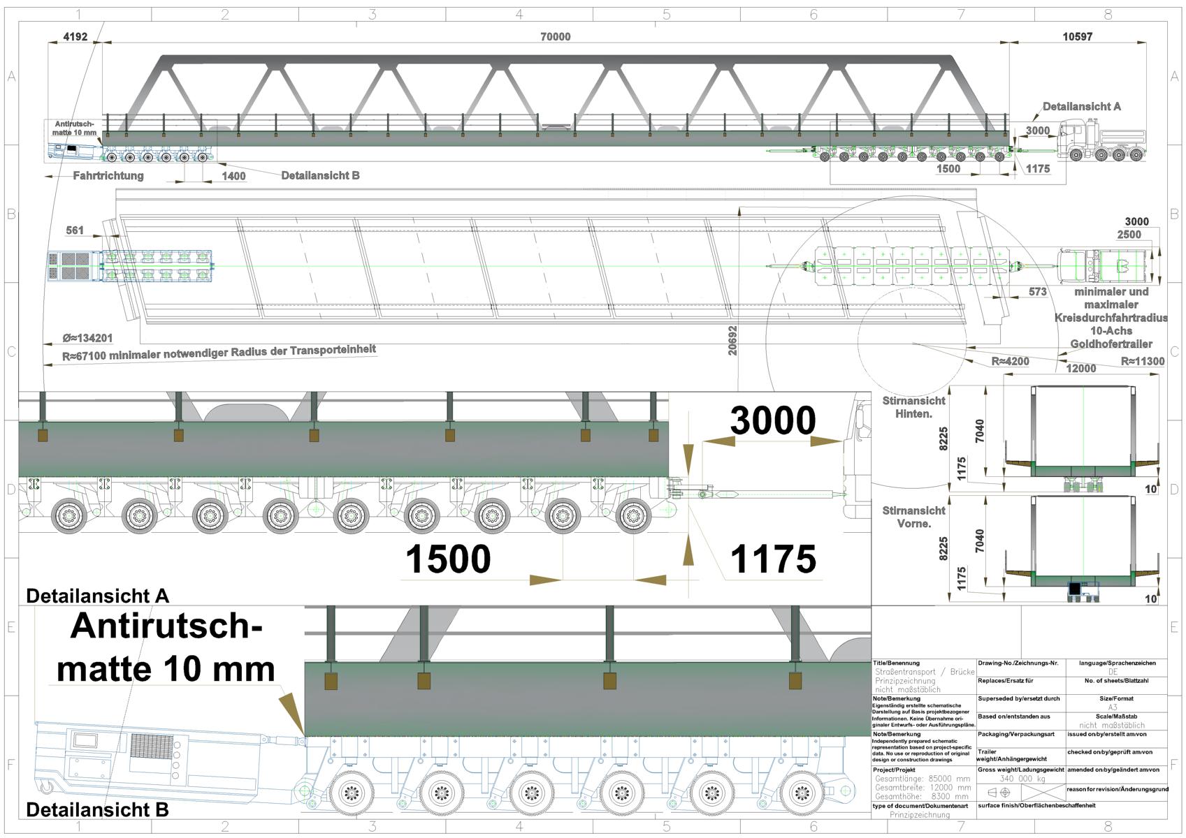 Technische Zeichnung einer Schwerlast-Transportbrücke mit Maßangaben und Detailansichten für Spezialtransport