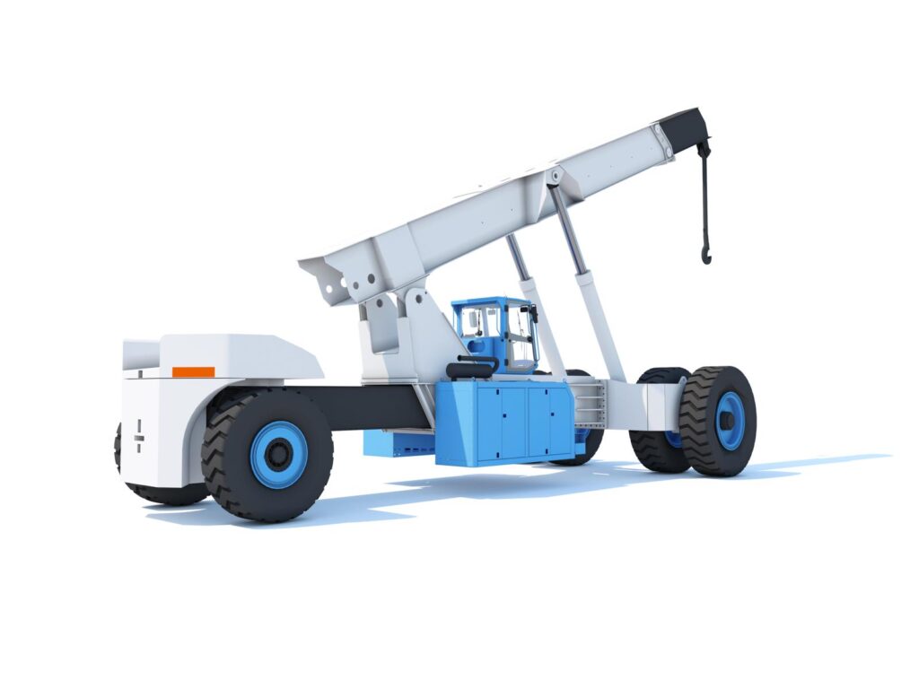 3D-Rendering eines Schwerlasttransportfahrzeugs (Reachstacker/Terminal Traktor) mit Kranausleger und großen Reifen für Containerumschlag