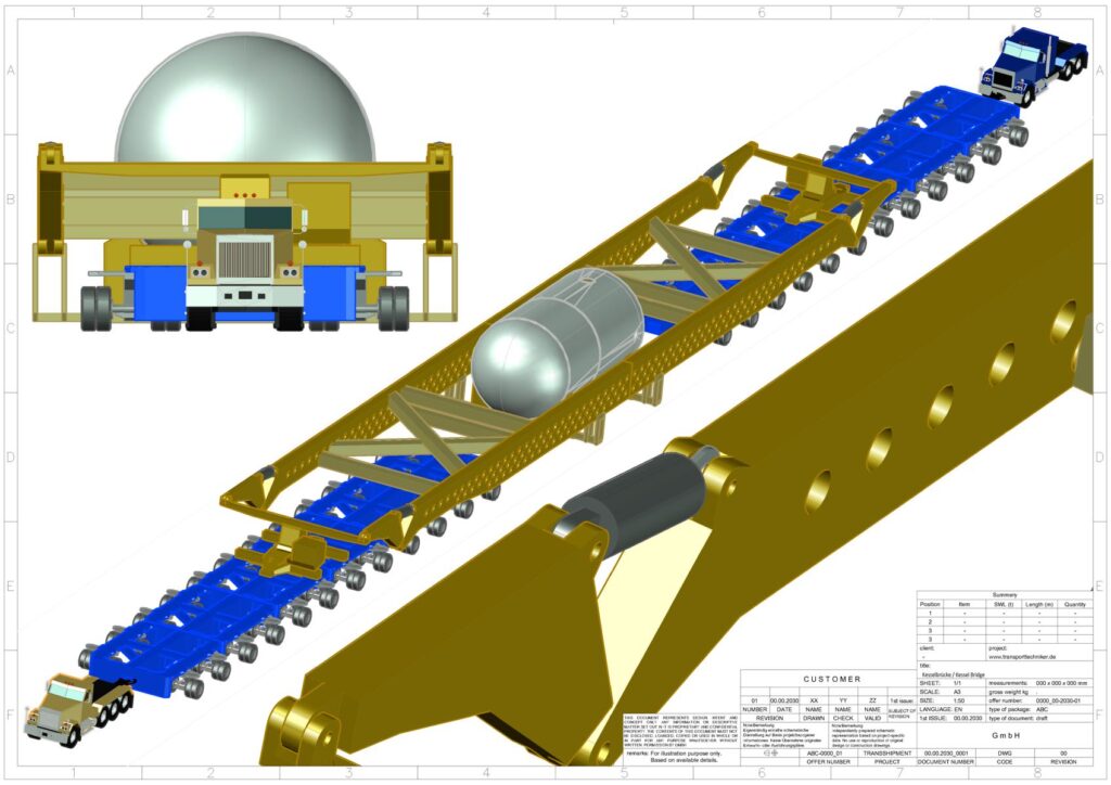3D-Rendering eines Schwerlasttransports mit zylindrischem und kugelförmigem Tank auf gelben Trailern und blauen LKWs von www.transporttechniker.de