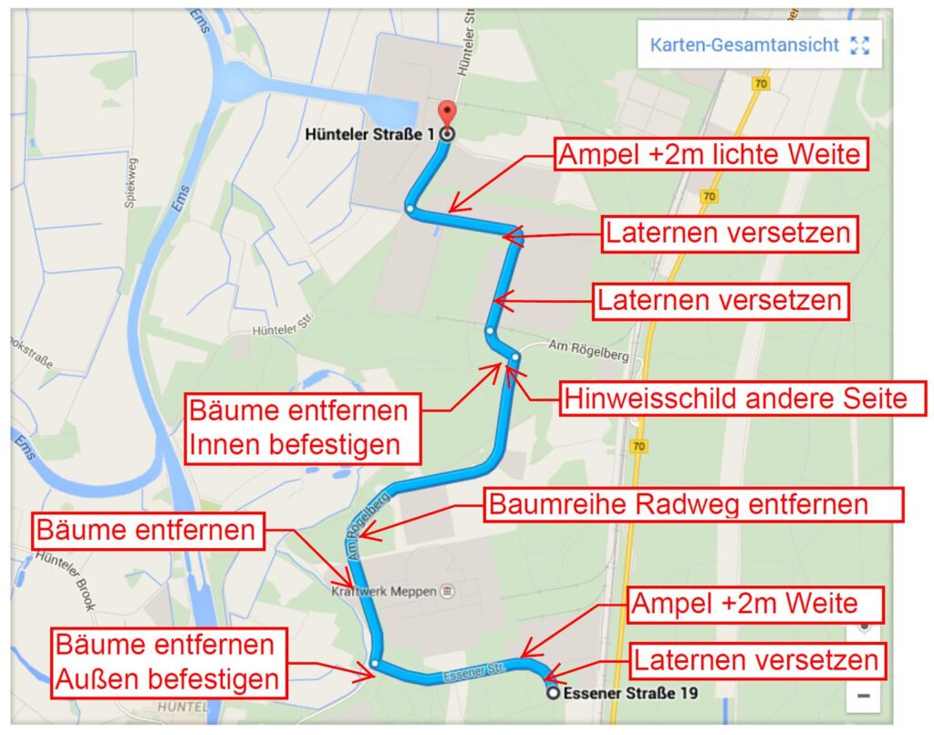 Transportstreckenplan für Schwerlasttransport von Hünteler Straße bis Essener Straße – mit markierten Hindernissen wie Laternen, Bäumen und Ampeln, VLM, Verkehrslenkende Maßnahmen