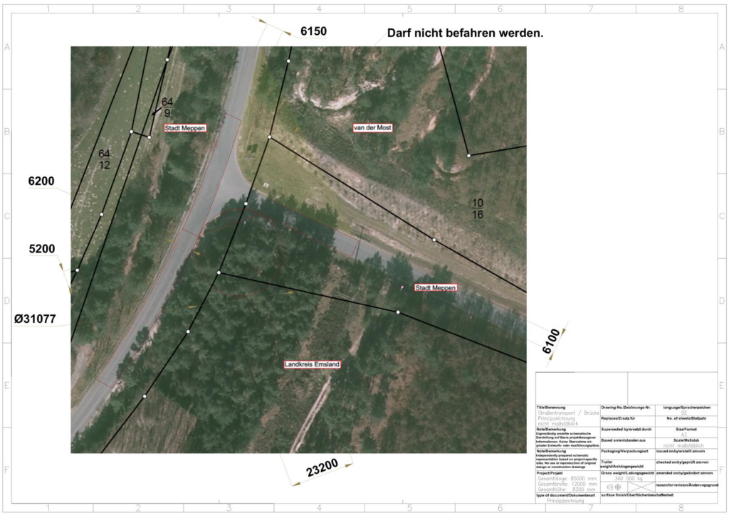 Luftaufnahme der Schwertransportroute von Stadt Meppen bis Landkreis Emsland mit Maßeintragungen (z. B. 6150 mm, 6200 mm) – markierte Straßenabschnitte und Hinweis "Darf nicht befahren werden