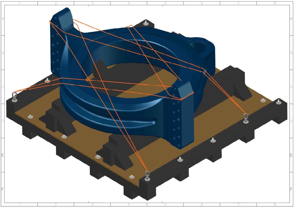 3D-Darstellung eines schweren Stahlbauteils auf Transportgestell mit Verzurrung und Ladungssicherung für Seefracht und Spezialtransport.