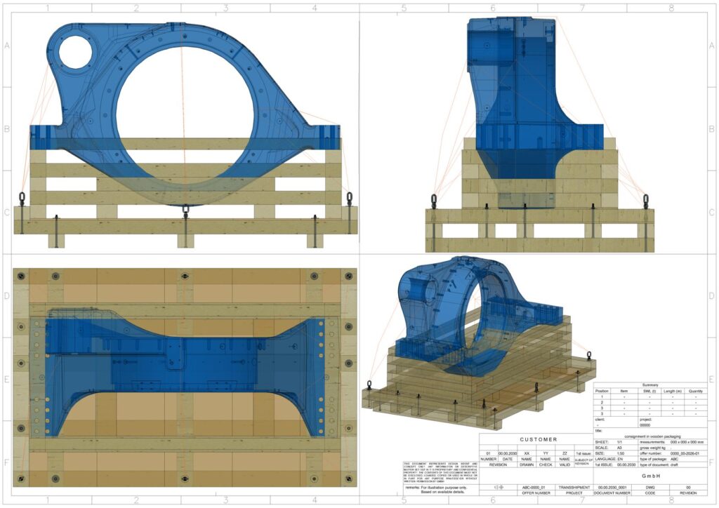 Technische Zeichnung von vier blauen Bauteilen auf Holzgestellen in einem 40-Fuß-Container – 3D-Ansichten (Draufsicht, Seitenansicht, Perspektive) mit detaillierter Darstellung der Halterungen, Schrauben und Ösen, inklusive Schriftfeld mit Maßen und Projektinformationen_transporttechniker-de