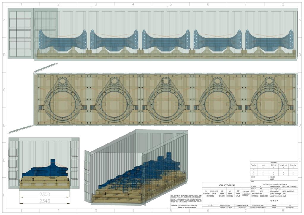 Technische Zeichnung einer Schiffssektion mit 3D-Modell – Querschnitt und Perspektivansicht der blauen Stahlkonstruktionen auf Holzgestellen, Maße (2300 mm x 2343 mm), detaillierte Darstellung der Rahmen und Befestigungen