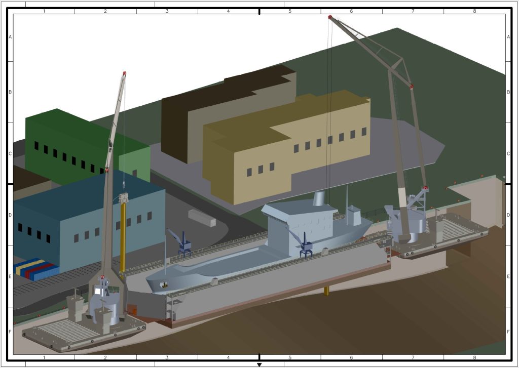 3D-Rendering eines Trockendocks mit zwei Schwimmkränen, Marineschiff im Dock, Wasser und Hafengebäuden – Industrievisualisierung