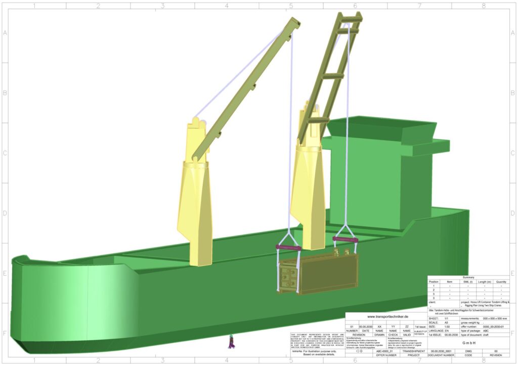 3D-Rendering eines Schwimmkrans/Schiffes mit Tandem-Lifting-Plan: Zwei gelbe Kräne heben einen Container von www.transporttechniker.de