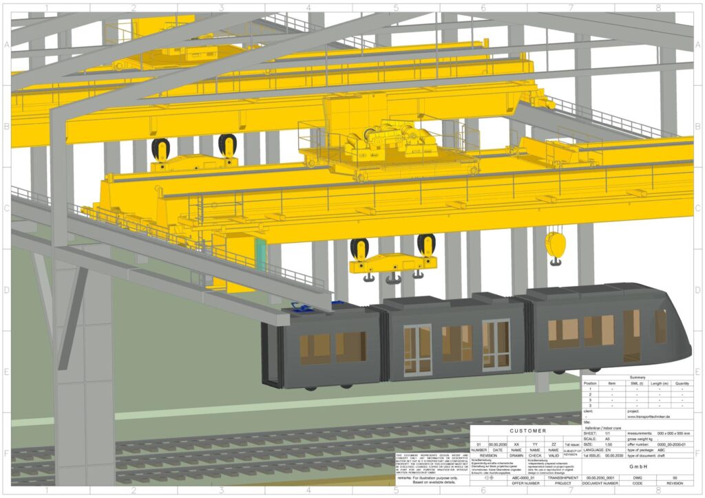Industriehalle mit gelbem Brückenkran, der modulare Schienenfahrzeug-Komponenten bzw.-Eisenbahnwagen-Schienenfahrzeug-transporttechniker-de