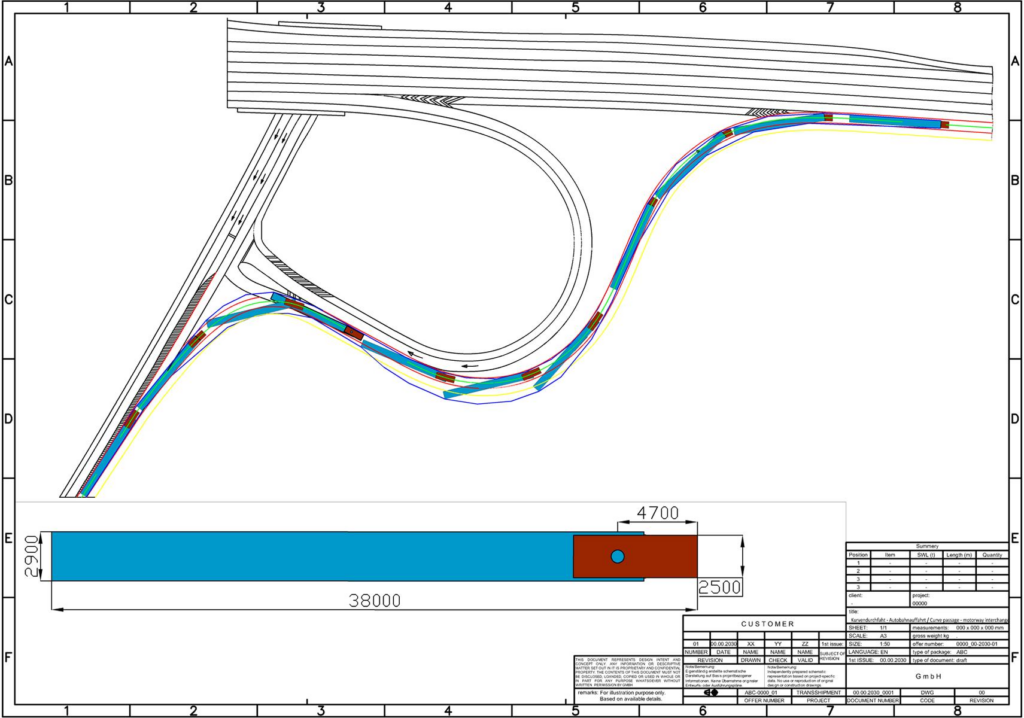 Traktrix-Schleppkurven-Simulation für Schwerlasttransport auf Autobahnauffahrt (38.000 x 2.900 x 2.500 mm) – transporttechniker.de