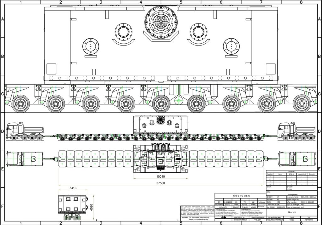 Technische Zeichnung eines Schwerlasttransports (37.500 mm Länge, 10.010 mm Breite) mit Modulen und Zugmaschinen – transporttechniker.de