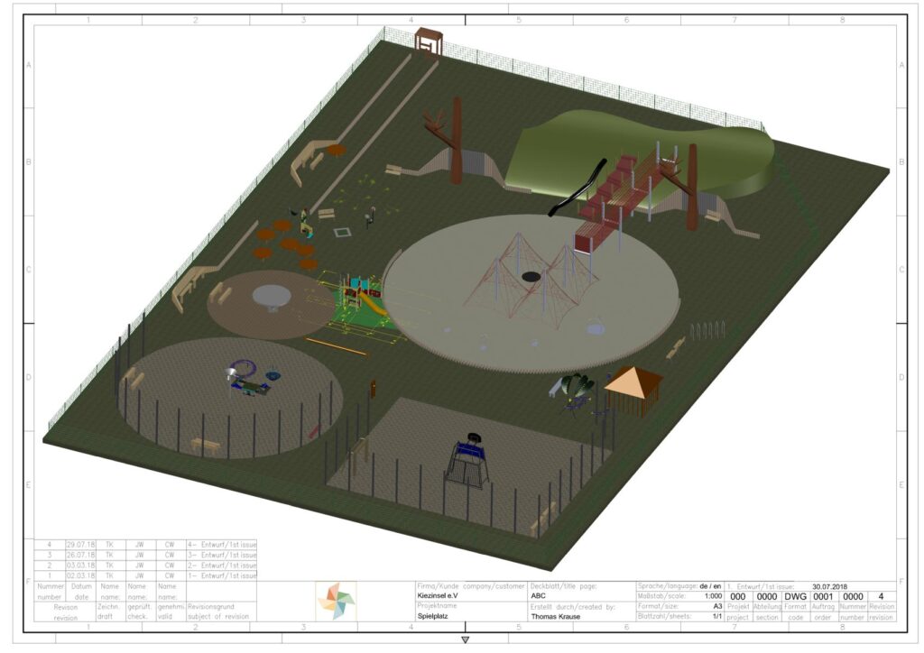 3D-Planung eines Spielplatzes mit Klettergerüsten, Sandflächen und Sitzbänken für Kiezinsel e.V. – transporttechniker.de