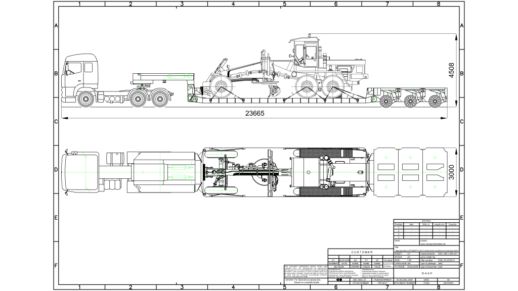 Technische Zeichnung eines Schwerlasttransports mit LKW und Baumaschine (Straßenfertiger): Seiten- und Draufsicht mit Maßen 23665 x 4508 x 3000 mm von www.transporttechniker.de