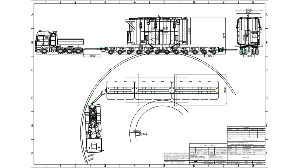 Technische CAD-Zeichnung eines Schwerlast-Modultransporters mit LKW und mehrachsiger Transportkonfiguration zur Planung einer Kreisfahrt von Großraum- und Schwertransporten auf transporttechniker.de