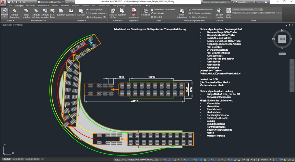 AutoCAD-Zeichnung zur Erstellung von Schleppkurven für eine Transportzeichnung mit Maßen 22847 – transporttechniker-de