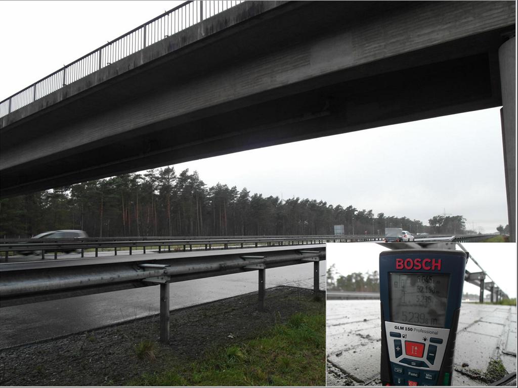 Route Survey zur Brückenhöhenmessung (5.239 m) mit Bosch GLM 150 Professional auf der Autobahn – transporttechniker-de