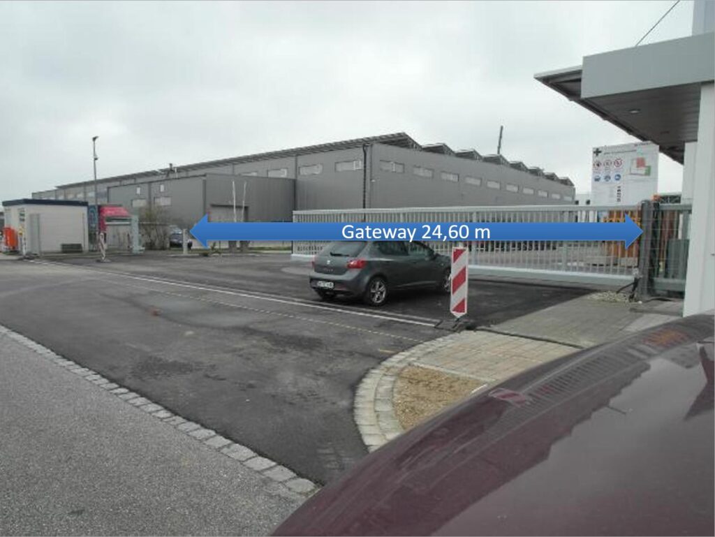 Route Survey zur Torbreitenmessung (24,60 m, Gateway) in einem Industriegebiet – transporttechniker-de